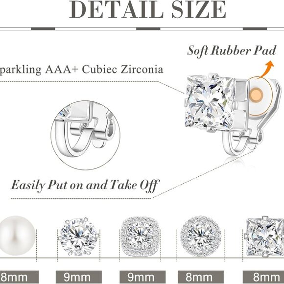 Silver Gold Hypoallergenic Cubic Zirconia Clip-On Earrings for Women, Non-Pierce - Picture 2 of 7